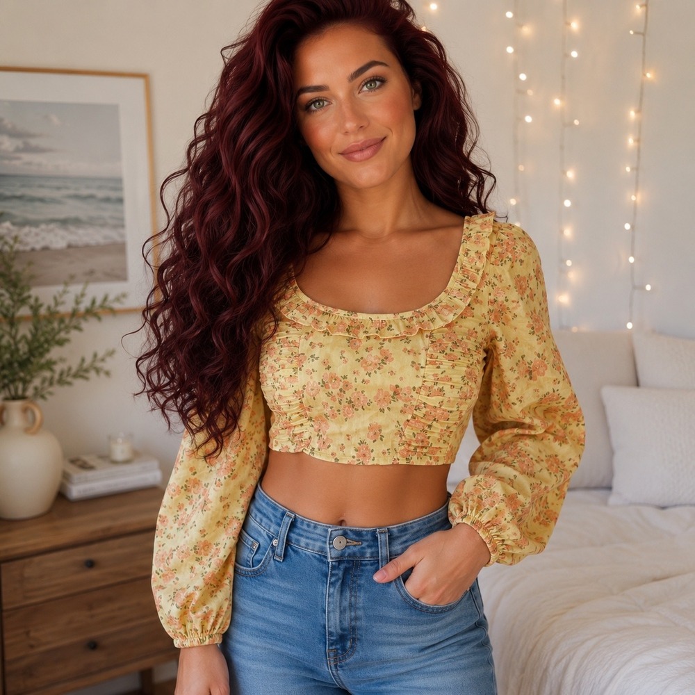 Free People Honeycomb Top Yellow Floral Smocked Ruffle Blouse XS OB1612127 NEW‎